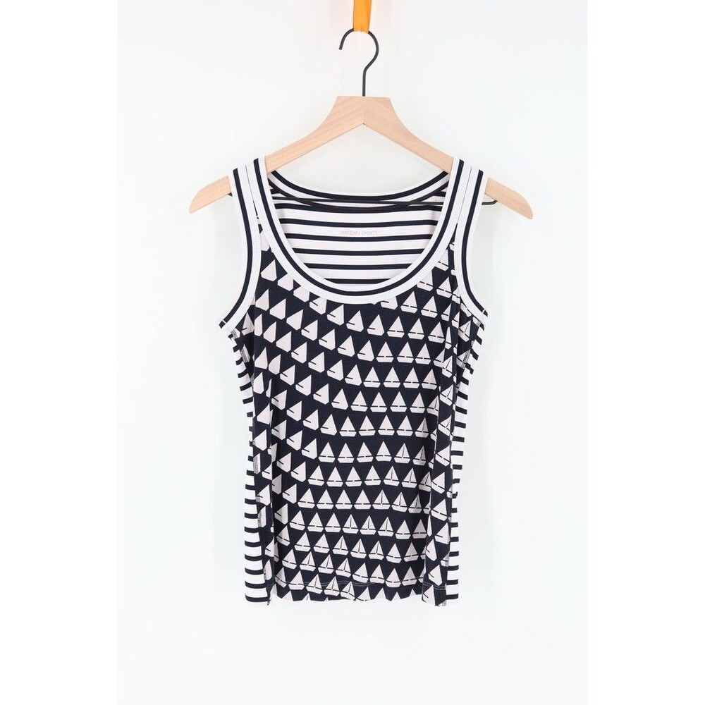 Marc Cain Women Sz Medium Blue Striped Sail Boat Print Stretchy Tank Top Preppy